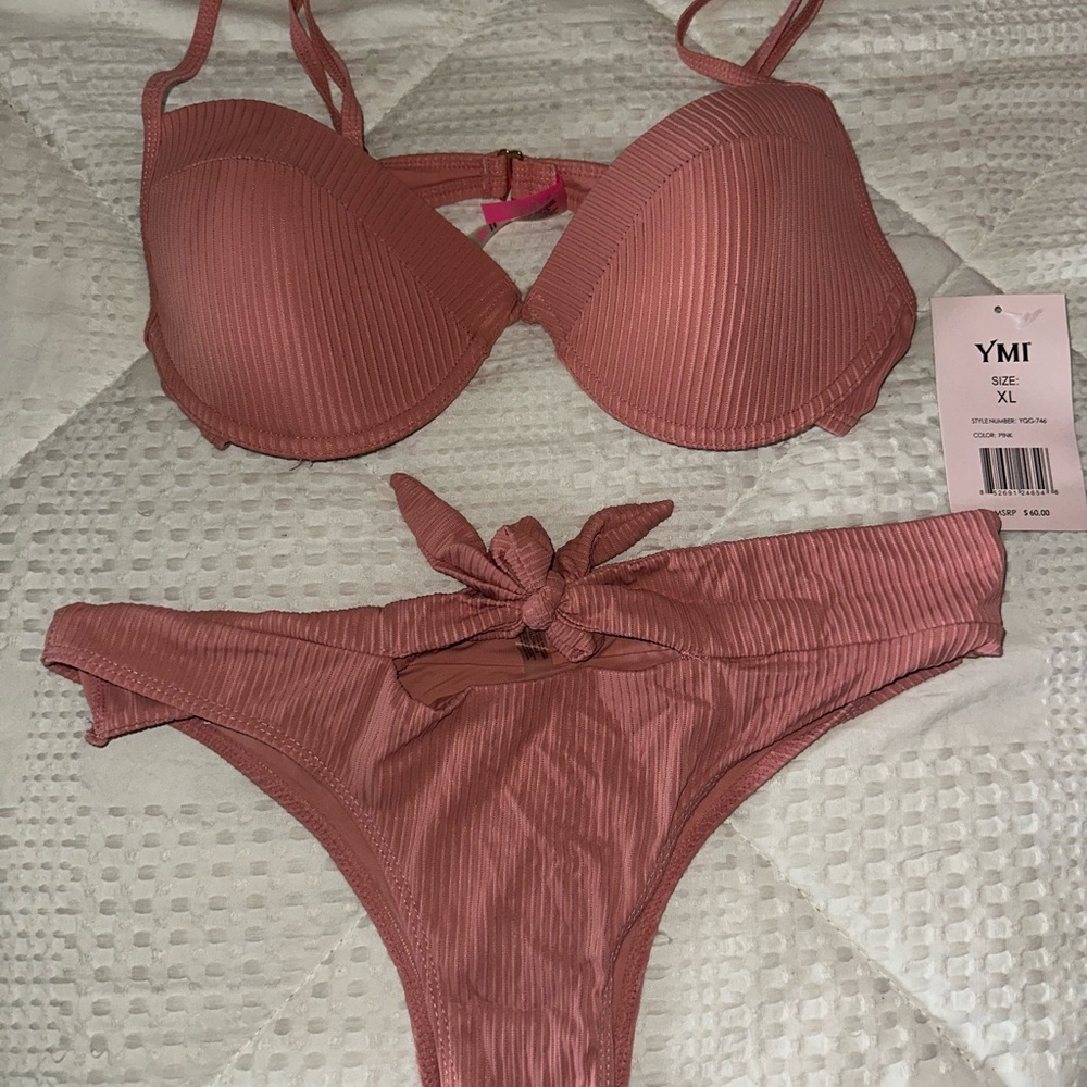 YMI Pink Ribbed Bikini Set with Floral Detail
